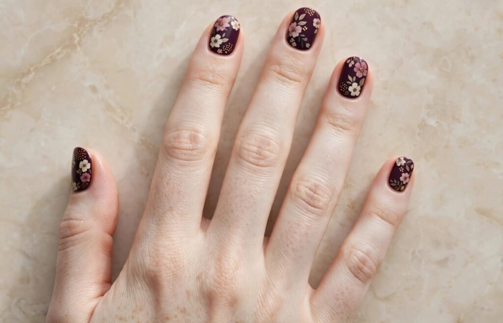 Short nail inspo 2026 showing intricate vintage floral nail art on dark plum purple rounded nails.   