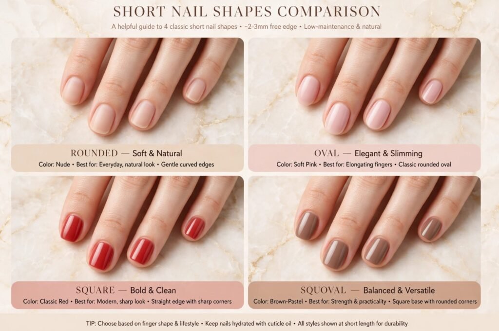 Short nail inspo 2026 guide comparing four classic short nail shapes including rounded, oval, square, and squoval.   