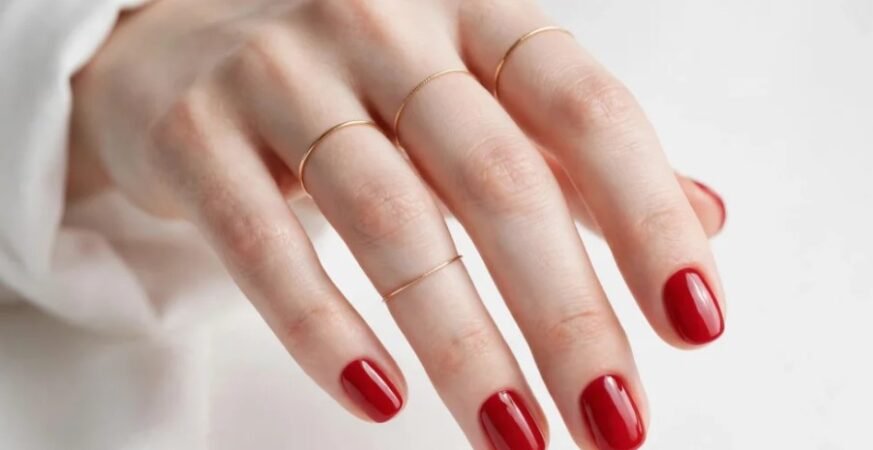 Short nail inspo 2026 showing classic glossy crimson red gel nails on neat squoval shapes accessorized with delicate gold rings.