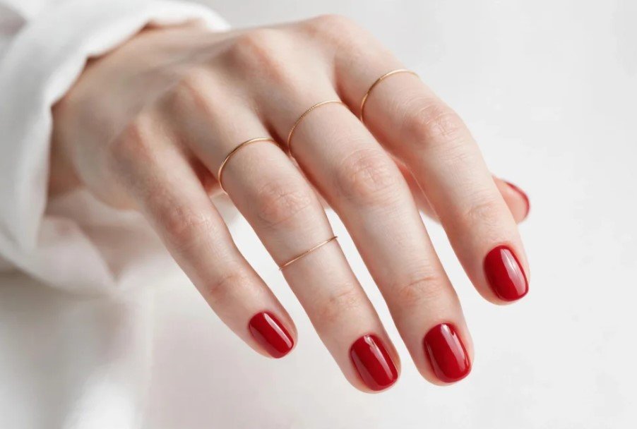 Short nail inspo 2026 showing classic glossy crimson red gel nails on neat squoval shapes accessorized with delicate gold rings.