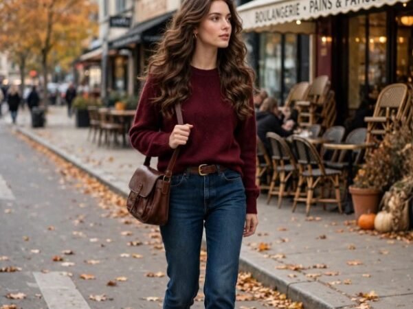 Young woman showcasing cozy fall outfit ideas for women in a burgundy crewneck sweater, dark-wash straight jeans, brown suede ankle boots, and a brown leather crossbody bag on an autumn city sidewalk.