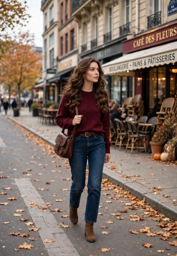Fall Outfit Ideas for Women: 25 Stylish Looks for 2026 Young woman showcasing cozy fall outfit ideas for women in a burgundy crewneck sweater, dark-wash straight jeans, brown suede ankle boots, and a brown leather crossbody bag on an autumn city sidewalk.