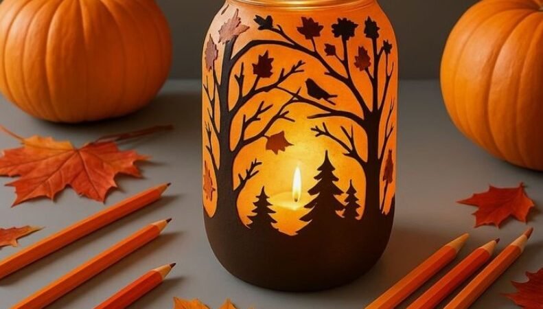 Glowing mason jar candle lantern decorated with a silhouette forest scene surrounded by orange pencils and autumn leaves for fall crafts for adults.