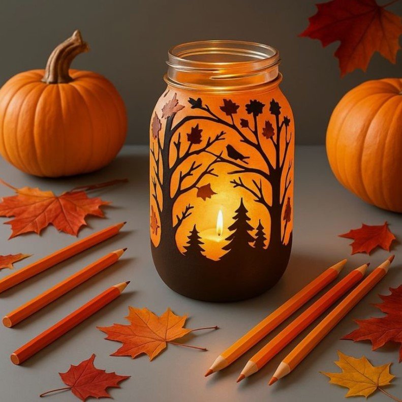 Glowing mason jar candle lantern decorated with a silhouette forest scene surrounded by orange pencils and autumn leaves for fall crafts for adults.