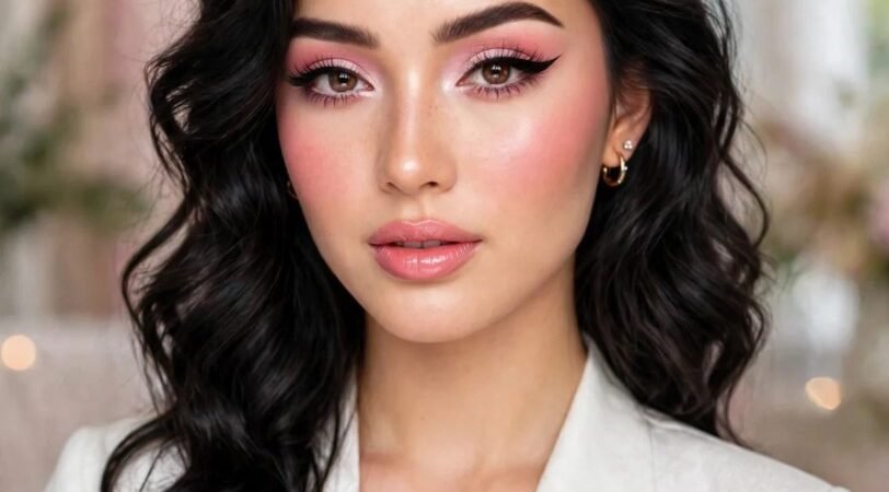 Portrait of a woman wearing romantic soft glam 2026 makeup trends, featuring sharp winged eyeliner, pastel pink eyeshadow, radiant flushed cheeks, feathered brows, and glossy pink lips.