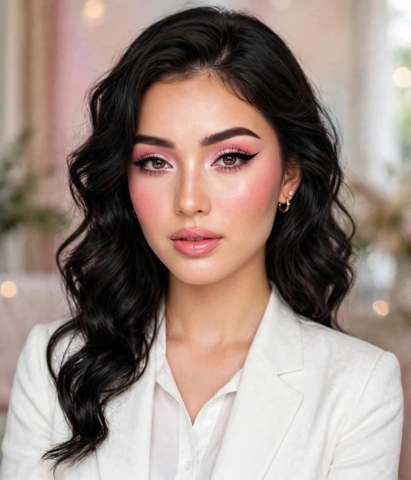 Portrait of a woman wearing romantic soft glam 2026 makeup trends, featuring sharp winged eyeliner, pastel pink eyeshadow, radiant flushed cheeks, feathered brows, and glossy pink lips.