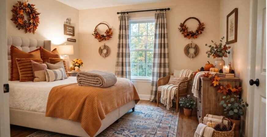 Cozy autumn bedroom featuring fall decorating ideas 2026 with rust bedding, fall leaf wreaths, and warm seasonal accents.