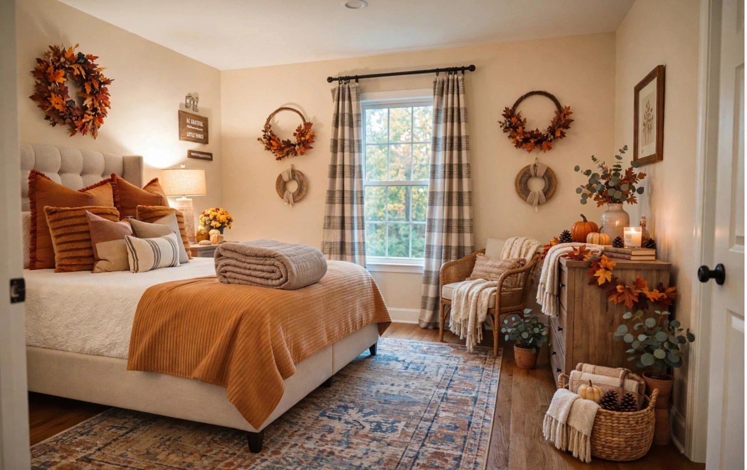 Cozy autumn bedroom featuring fall decorating ideas 2026 with rust bedding, fall leaf wreaths, and warm seasonal accents.