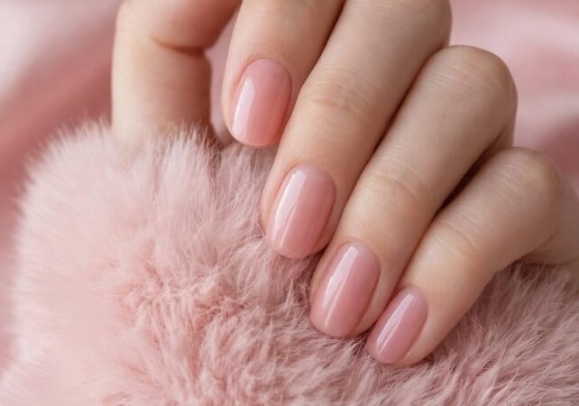 "Glossy sheer baby pink manicure on neat short nails showcasing nail trends 2026."