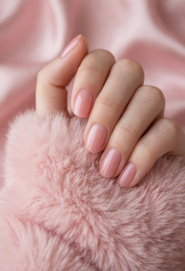 "Glossy sheer baby pink manicure on neat short nails showcasing nail trends 2026."