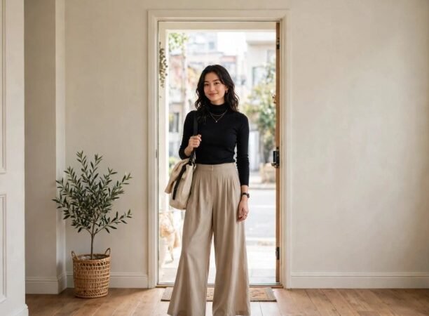 Stylish woman standing near an open doorway wearing a black turtleneck, pleated wide-leg beige trousers, and black loafers, presenting chic minimalist cute outfit ideas.