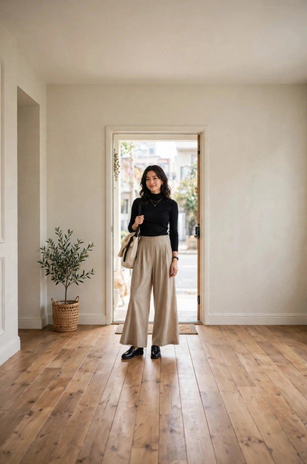 Stylish woman standing near an open doorway wearing a black turtleneck, pleated wide-leg beige trousers, and black loafers, presenting chic minimalist cute outfit ideas.