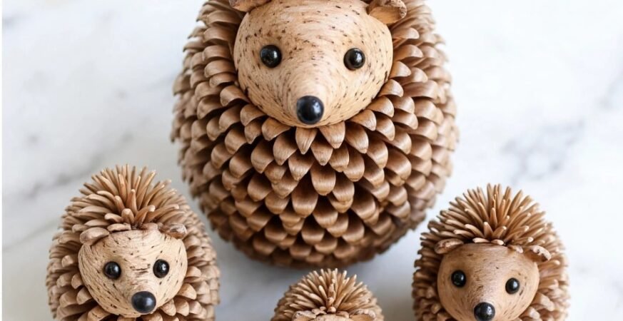 A family of four natural pinecone hedgehog figurines arranged on white marble, an adorable nature idea for fall crafts for kids.