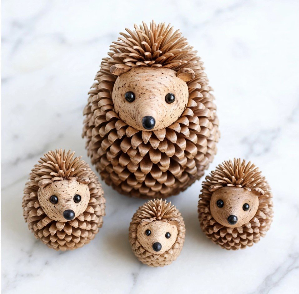 A family of four natural pinecone hedgehog figurines arranged on white marble, an adorable nature idea for fall crafts for kids.