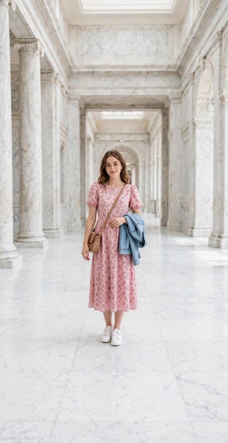Woman wearing a pink floral puff-sleeve midi dress with white sneakers, carrying a tan crossbody bag and denim jacket, highlighting feminine spring outfit ideas for women.