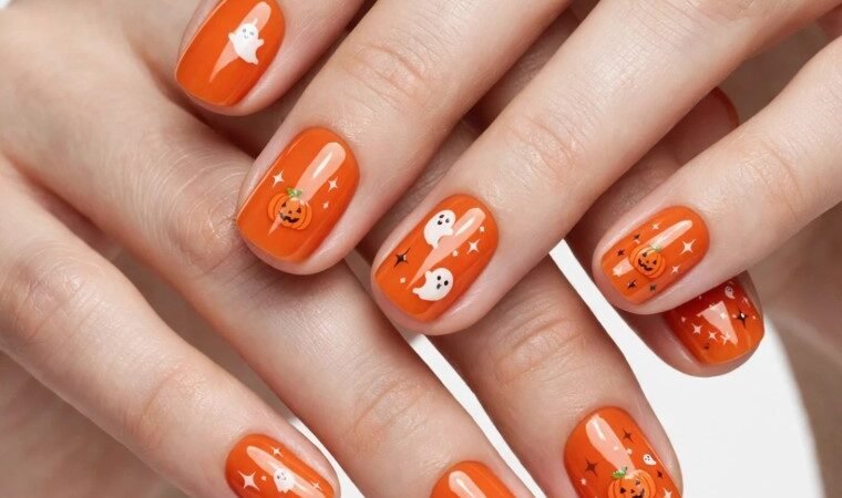 October nail ideas 2026 showing cute Halloween nail art with friendly white ghosts, jack-o'-lantern pumpkins, and star sparkles over glossy bright orange polish on short squoval nails against a white background.