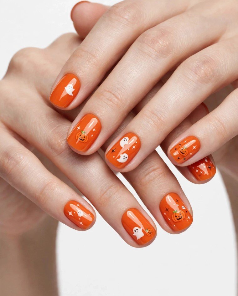 October nail ideas 2026 showing cute Halloween nail art with friendly white ghosts, jack-o'-lantern pumpkins, and star sparkles over glossy bright orange polish on short squoval nails against a white background.