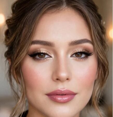 Elegant bridal soft glam makeup look featuring champagne shimmer eyeshadow, winged black liner, soft wispy lashes, rosy cheeks, and glossy mauve-pink lips.