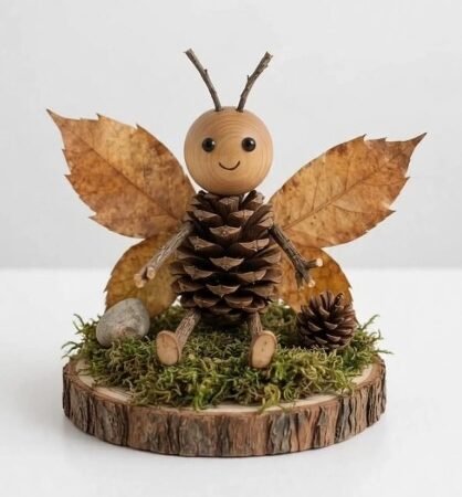 DIY woodland fairy figure made of a pinecone and dried leaves as easy fall crafts for beginners.
