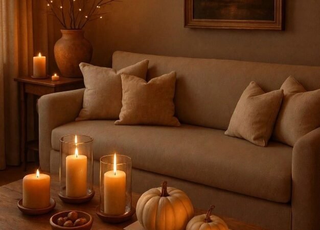 Cozy living room highlighting modern fall decor ideas with glowing pillar candles in glass hurricane holders, white pumpkins on stacked books, and fairy-lit branches beside a warm beige sofa.