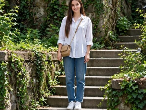 Woman wearing cute outfit ideas featuring an untucked white button-up shirt, straight-leg blue jeans, white sneakers, and a tan quilted crossbody bag.
