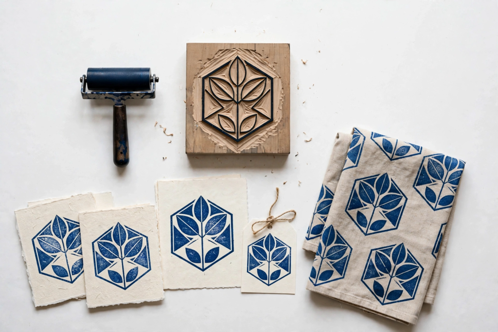 20 Nostalgic Crafts Making a Comeback in 2026 Hand-carved linocut block stamp with blue ink roller, stamped stationery cards, tag, and printed linen tea towel, showcasing nostalgic crafts 2026 block printing ideas.