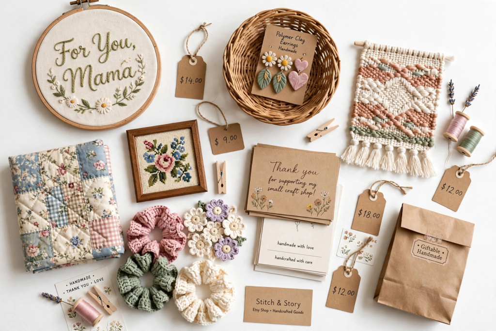 20 Nostalgic Crafts Making a Comeback in 2026 Flat lay display of handmade market goods featuring an embroidered hoop, floral cross-stitch frame, clay earrings, crochet scrunchies, mini quilt, woven wall hanging, and kraft price tags, showcasing nostalgic crafts 2026 small craft business and artisan ideas.