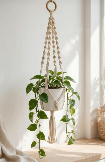 20 Retro Crafts to Try for a Creative Weekend Handmade woven macramé plant hanger suspended from a wooden ring, holding a potted green pothos plant with trailing leaves and a tassel fringe, featuring bohemian retro crafts home styling.