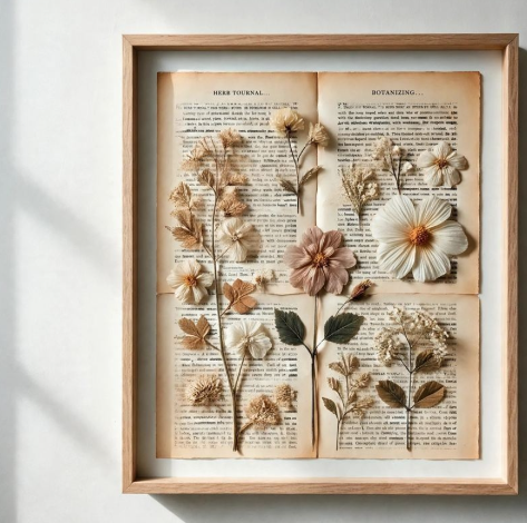 20 Retro Crafts to Try for a Creative Weekend Framed pressed flower wall art arranged over vintage book pages inside a light wooden frame, featuring dried botanicals and delicate blossoms in a botanical retro crafts design.