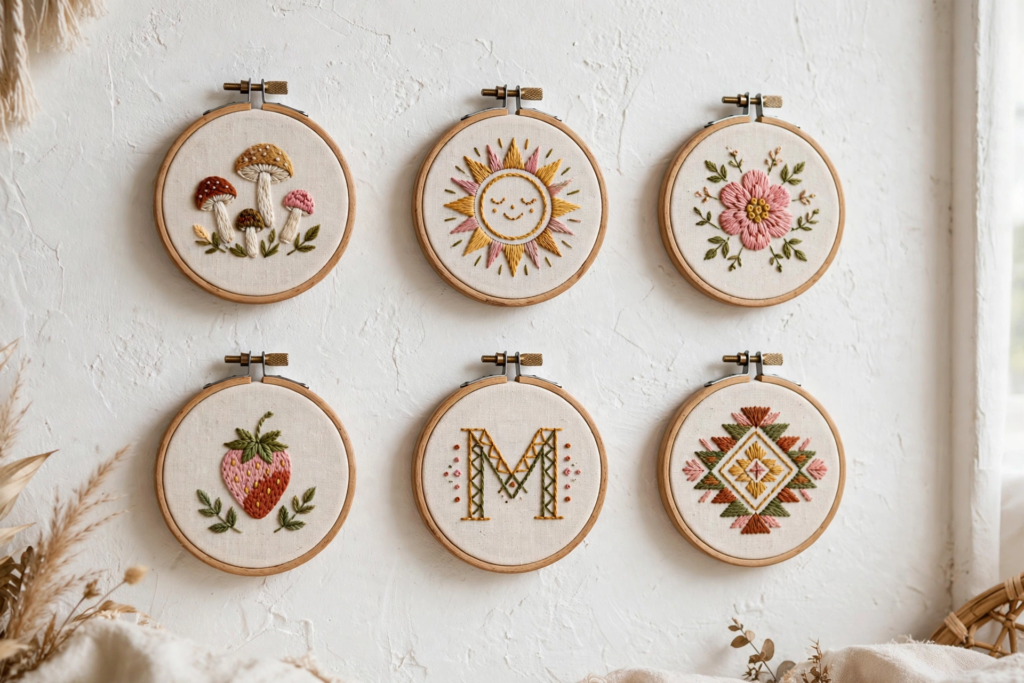 20 Retro Crafts to Try for a Creative Weekend Set of six small round wooden embroidery hoop art pieces featuring hand-stitched designs of mushrooms, a sun motif, a pink flower, a strawberry, an initial M, and a geometric pattern, inspiring DIY retro crafts wall decor.