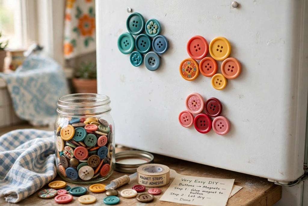 20 Retro Crafts to Try for a Creative Weekend DIY colorful vintage button refrigerator magnets arranged in clusters on a white fridge door next to a mason jar filled with buttons, glue, and instructions, highlighting simple retro crafts home projects.