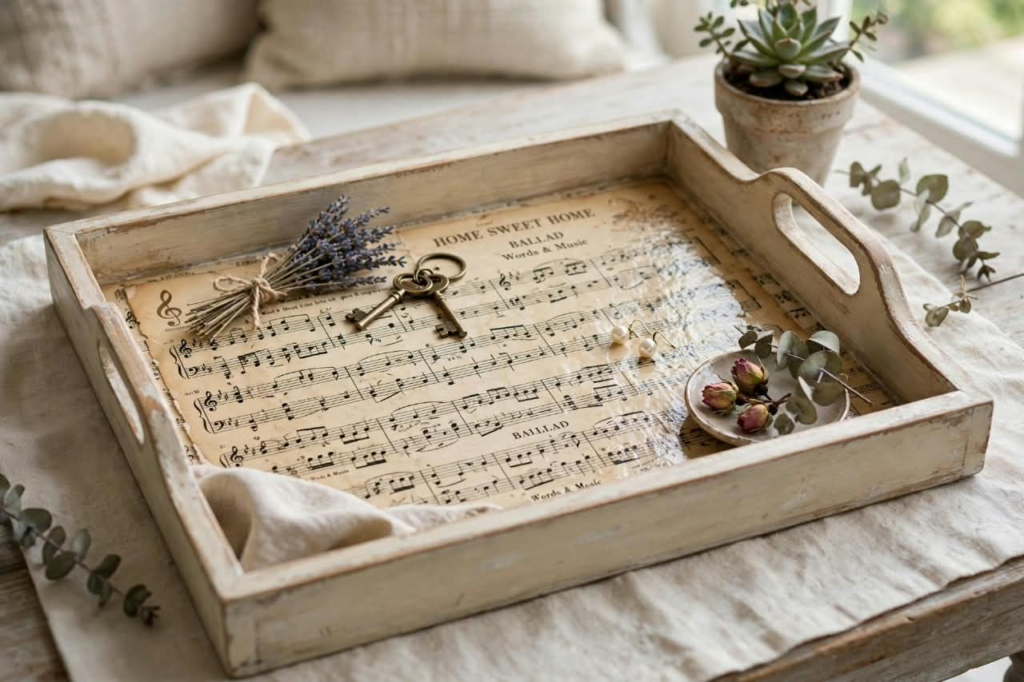 20 Retro Crafts to Try for a Creative Weekend Distressed whitewashed wooden serving tray lined with vintage sheet music decoupage, decorated with antique brass keys, dried lavender, and a small dish of rosebuds, showcasing rustic retro crafts home decor.