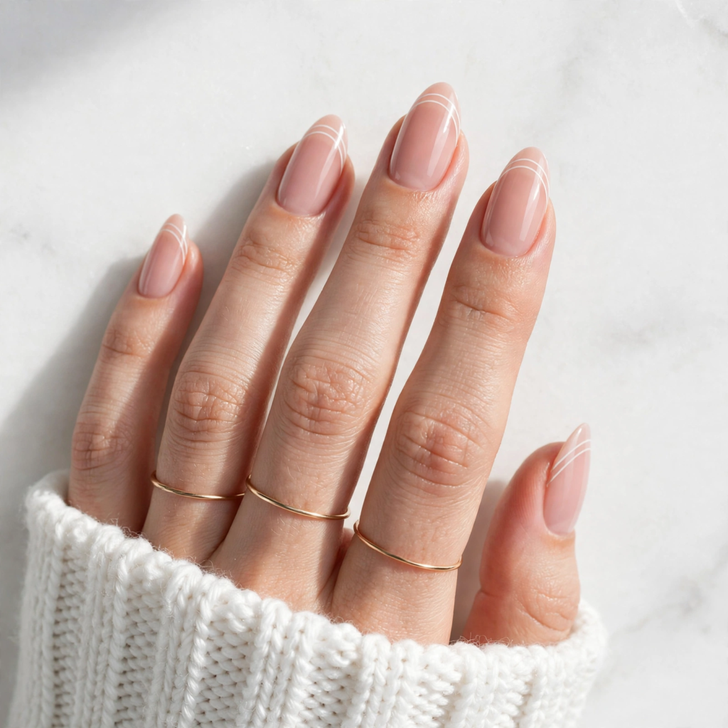 Minimalist french nails ideas featuring glossy nude almond nails with delicate double white line tips.