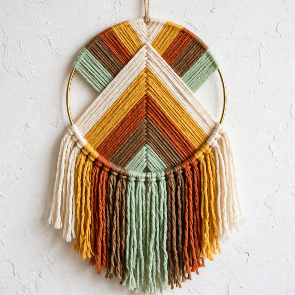 20 Retro Crafts to Try for a Creative Weekend Boho round metal hoop wall hanging woven with chevron patterns and yarn fringe in mustard yellow, rust orange, sage green, and cream earthy tones, showcasing DIY retro crafts home decor.