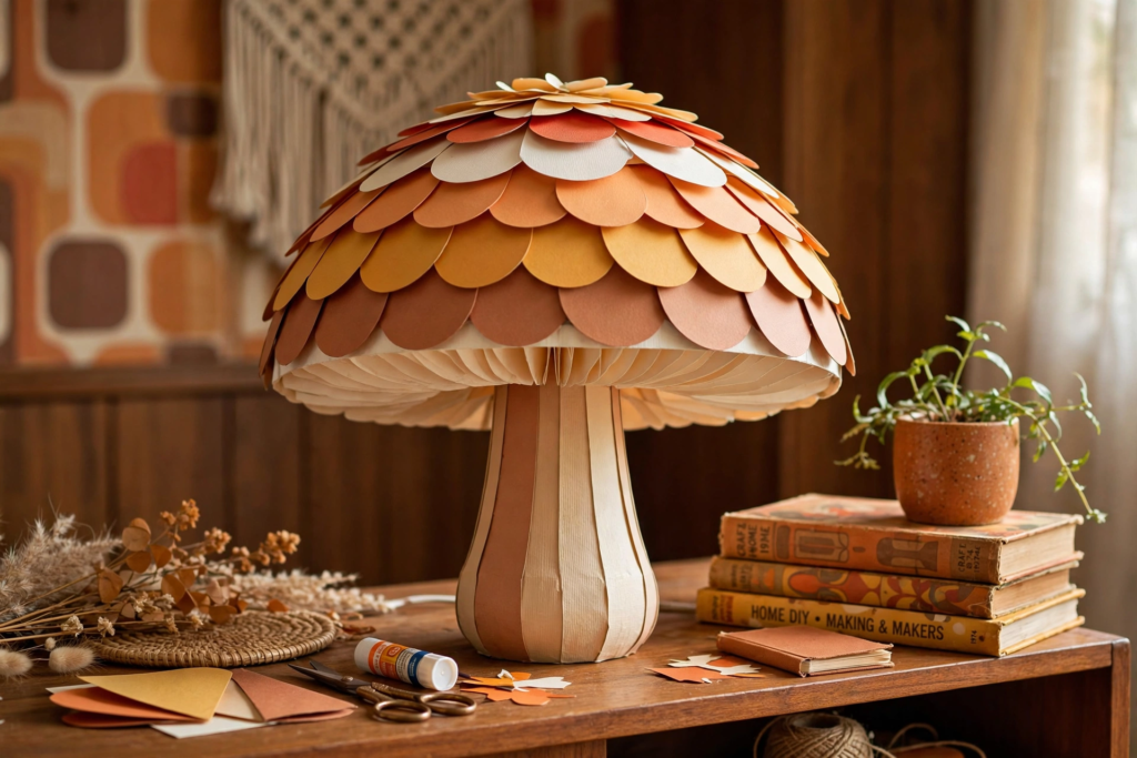 20 Retro Crafts to Try for a Creative Weekend DIY paper mushroom lamp crafted with layered scalloped cardstock in warm terracotta, mustard, and cream tones, placed on a wooden table with craft supplies and books, inspiring unique retro crafts home decor.