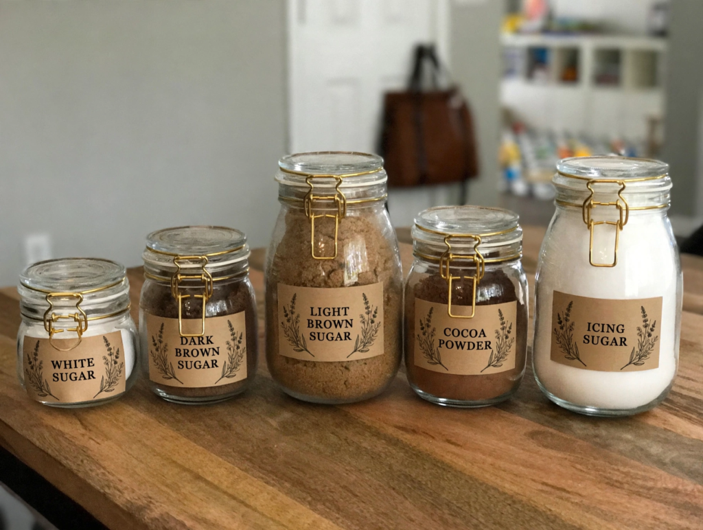 20 Retro Crafts to Try for a Creative Weekend Row of five airtight glass latch jars with vintage kraft paper botanical labels for baking ingredients like sugars and cocoa powder, arranged on a wooden countertop for charming retro crafts kitchen storage.
