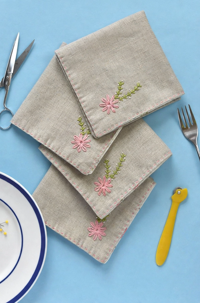 20 Retro Crafts to Try for a Creative Weekend Stack of folded natural linen cloth napkins with hand-embroidered pink flowers and stitched edges, displayed on a blue background alongside sewing tools and table settings as inspiring retro crafts kitchen decor.