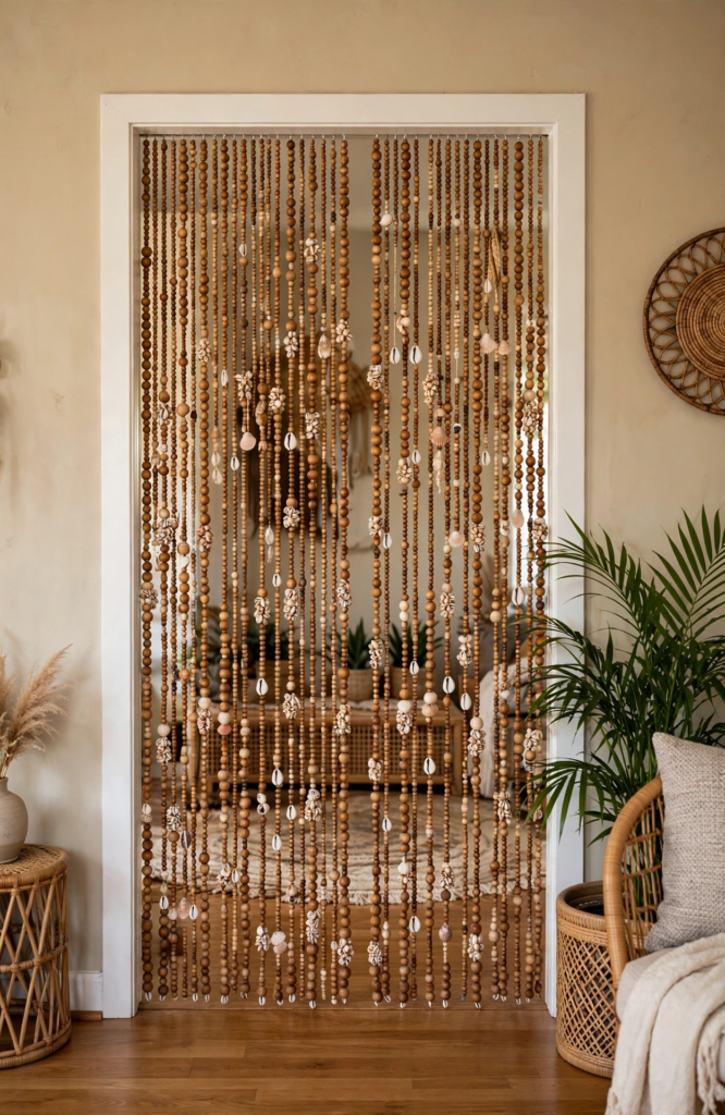 20 Retro Crafts to Try for a Creative Weekend Bohemian beaded doorway curtain made with hanging strands of natural wooden beads and cowrie seashells, framed in a doorway for stylish 70s-inspired retro crafts home decor.