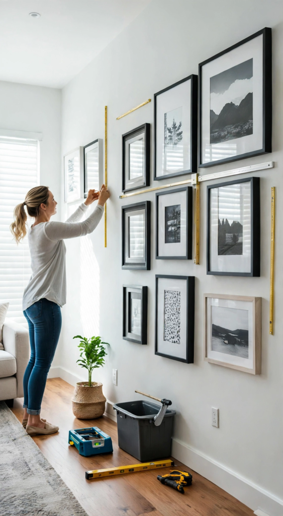 20 Retro Crafts to Try for a Creative Weekend Woman measuring and hanging black and white framed photo prints on a gallery wall using levels and rulers, showcasing creative DIY retro crafts home decorating and wall layout ideas.