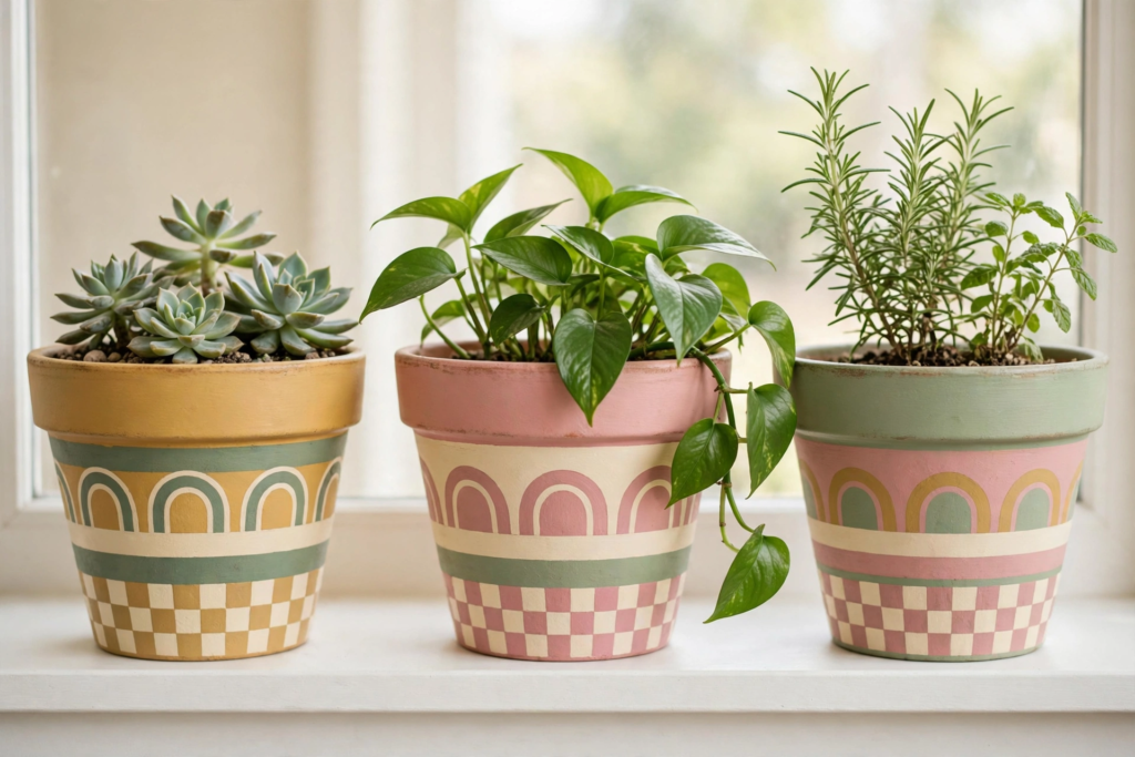 20 Retro Crafts to Try for a Creative Weekend Trio of DIY hand-painted terracotta plant pots featuring retro checkerboard and arch patterns in pastel mustard, blush pink, and sage green, holding potted succulents, pothos, and rosemary on a windowsill for creative retro crafts home decor.