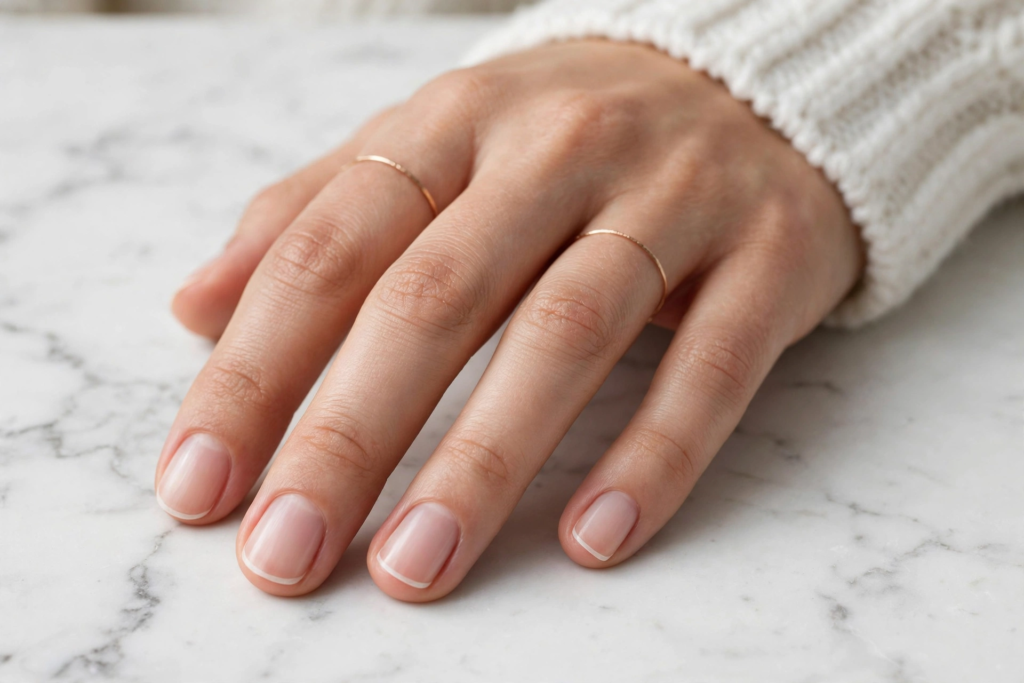 Clean and simple french nails ideas showcasing natural short square nails with ultra-thin micro white French tips.   