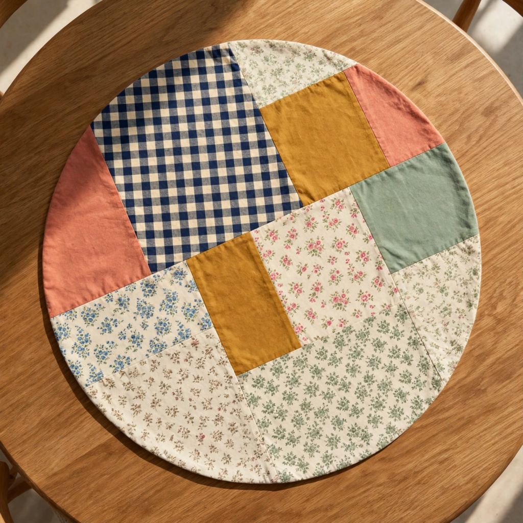 20 Retro Crafts to Try for a Creative Weekend Circular patchwork placemat crafted from mixed fabric patterns including blue gingham, ditsy floral prints, and muted solid color blocks, displayed on a wooden table as charming retro crafts home table decor.