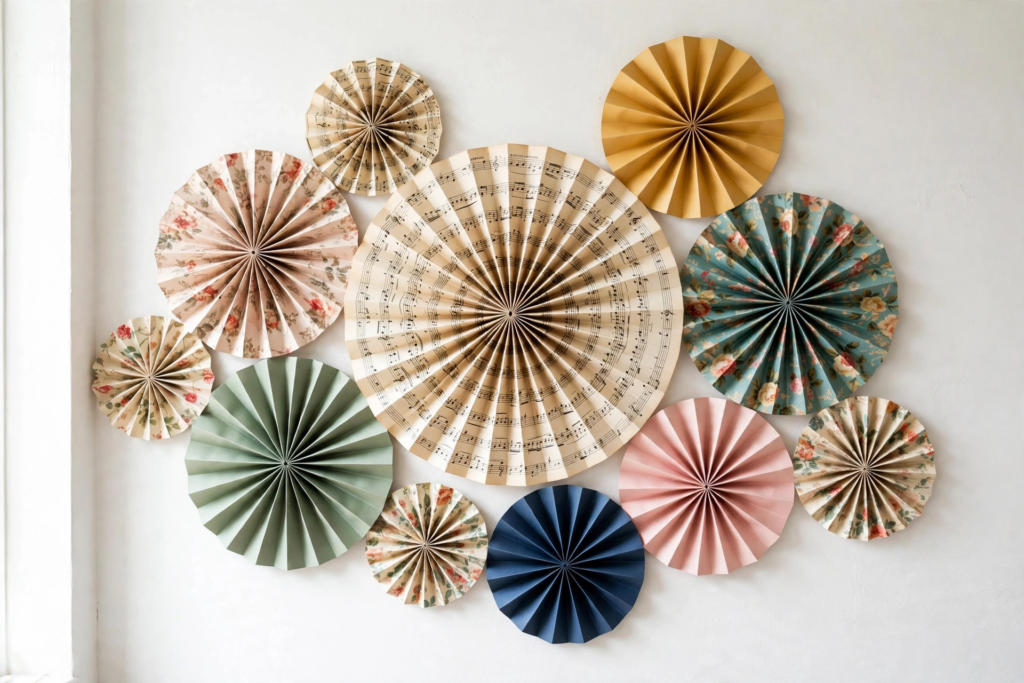 20 Retro Crafts to Try for a Creative Weekend DIY paper rosette fan wall display made with folded vintage sheet music, floral prints, and pastel solid cardstock pinned on a white wall, featuring creative retro crafts party and home wall decor.