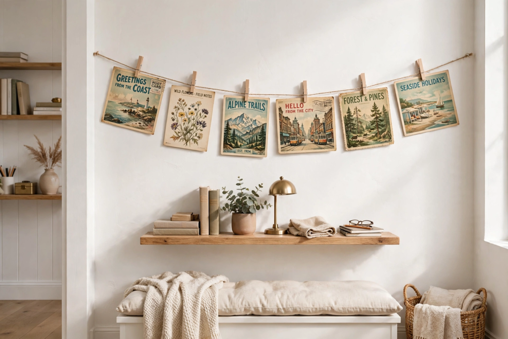 20 Retro Crafts to Try for a Creative Weekend DIY vintage postcard garland hung with wooden clothespins along a twine string above a floating shelf, showcasing travel-themed art and cozy retro crafts home wall decor.