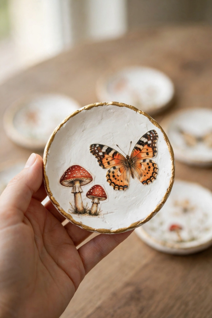 20 Retro Crafts to Try for a Creative Weekend Hand holding a DIY air-dry clay trinket dish with a gilded gold rim, decorated with a vintage butterfly and red toadstool mushrooms illustration, displaying cottagecore-style retro crafts jewelry storage.