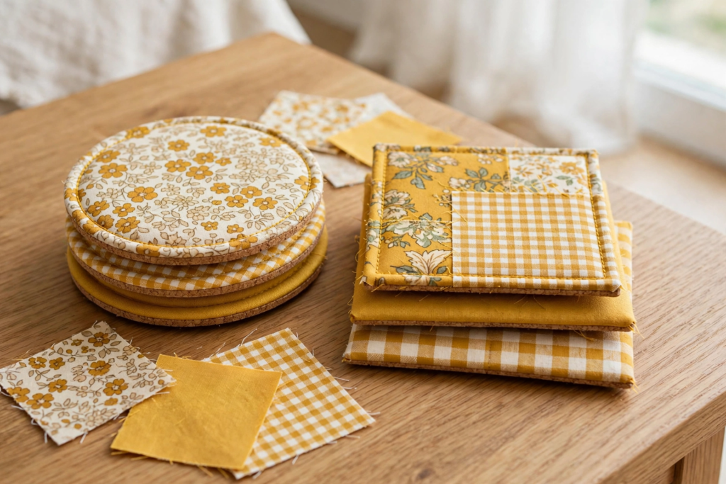 20 Retro Crafts to Try for a Creative Weekend Stacks of handmade round and square fabric coasters sewn with yellow floral patterns, gingham check, and cork backing, displayed on a wooden table with fabric scraps as charming retro crafts home table accessories.