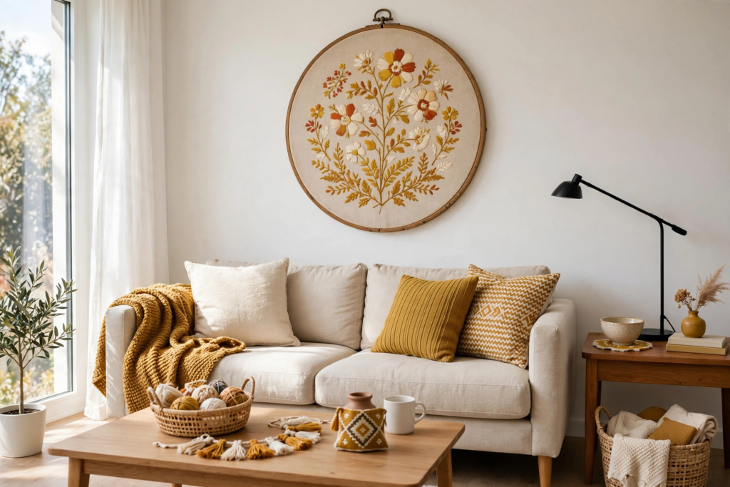 20 Retro Crafts to Try for a Creative Weekend Large circular embroidered floral hoop art hanging on a white wall above a beige sofa with mustard throw pillows and blanket, showcasing warm boho-style retro crafts living room wall decor.