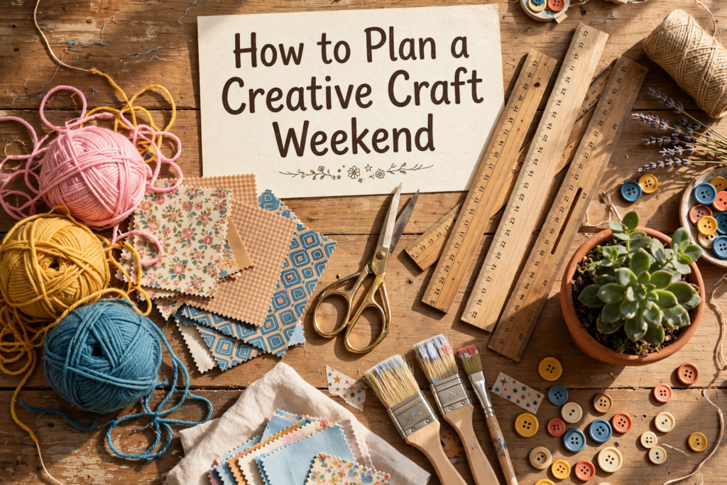 20 Retro Crafts to Try for a Creative Weekend Flat lay craft workspace with a sign reading "How to Plan a Creative Craft Weekend" surrounded by yarn balls, fabric swatches, vintage scissors, paintbrushes, buttons, and wooden rulers, inspiring DIY retro crafts project planning.