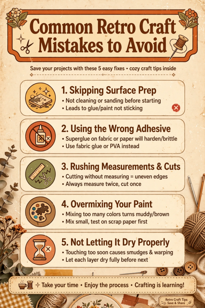 20 Retro Crafts to Try for a Creative Weekend Infographic guide titled "Common Retro Craft Mistakes to Avoid" detailing five helpful tips on surface prep, adhesives, measurements, paint mixing, and drying time, perfect for beginners learning DIY retro crafts.