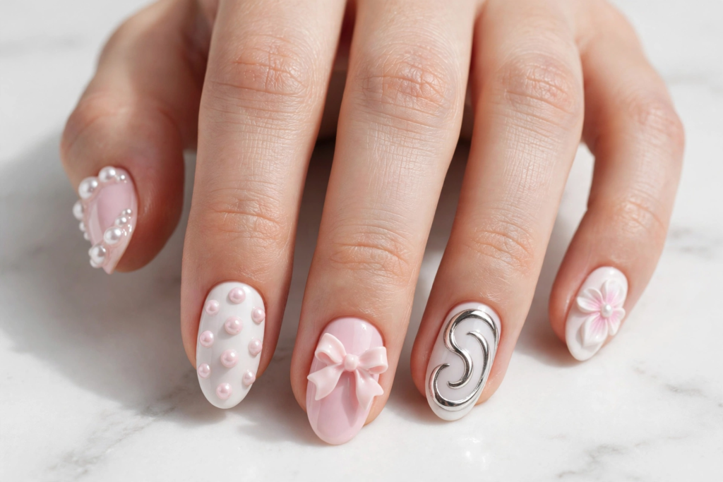 Hand showing easy 3D nail art designs featuring a soft pink 3D ribbon bow, pearl polka dots, a chrome metallic swirl, and flower accents on glossy pink and white nails.